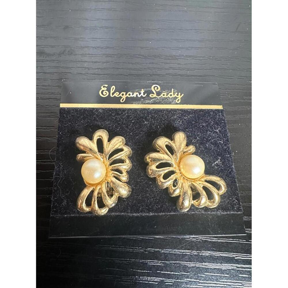 Vintage "Elegant Lady" Gold Tone Clip-On Earrings with Faux Pearl Center